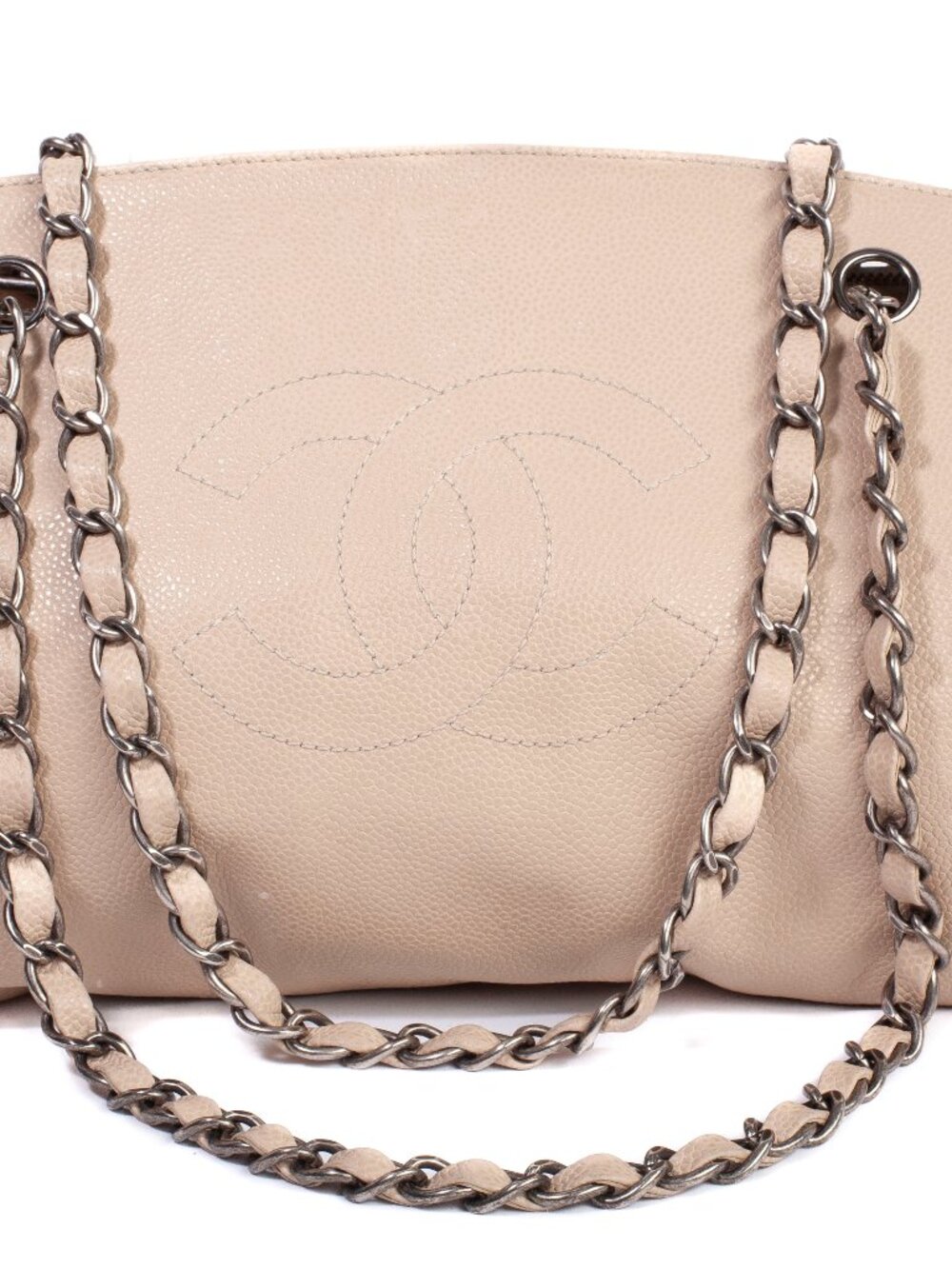 Authentic Vintage Chanel Timeless Accordion Beige Caviar Leather Shoulder Bag